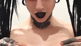 Busty curly brunette with big boobs fucks on couch