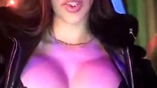 Busty curly brunette with big boobs fucks on couch