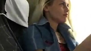 Blond girl bates in the bus