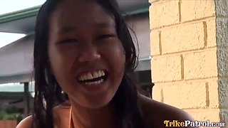 Asian Threesome Outdoor: Two Horny Friends Share Giant Foreign Cock by Pool