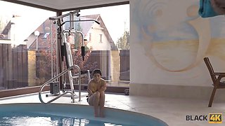 Black4k. athletic ebony coach seduced into affair with milky gal by pool