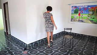 Hot Secretary Regina Noir Strips Out of Her Black & White Dress - No Panties & Horny