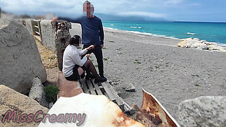 Dick Flash Risky Blowjob on Beach Stocking Teacher and Student Almost Caught Misscreamy