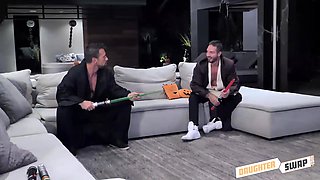 Two blonde girls getting shared in a crazy forsome on the bed