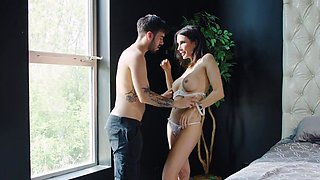 Stunning babe sidefucked by lucky guy