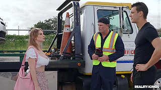 Hard working guy takes a break to fuck this busty whore in his truck