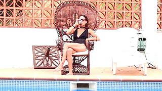 Small-Titted Brunette Amateur Blowjob by the Pool