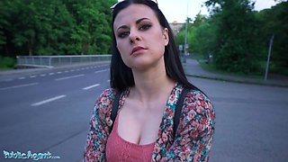 Lustful Czech brunette is happy to publicly fuck with a stranger for money.