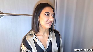 Sexy French beauty gets her tight ass pounded by two of her brother's friends in a dressing room