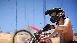 Big boobed badass nude babes trying motocross in the desert