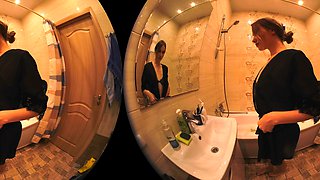 Amateur busty brunette masturbates and does hand job