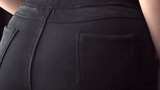 Sexy MILF In Tight Black Jeans Flashing White Thong Whale Tail