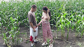 Fucked slutty step sister in dress on cornfield and cummed on her ass