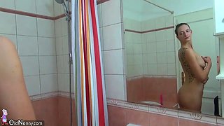 Oldnanny Old and young woman shower and masturbating pussy