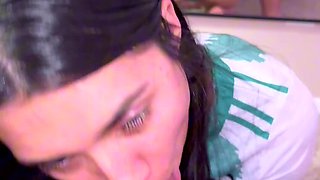 Incredible brunette wearing hot soccer uniform gives the best blowjob to her muscular bf