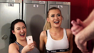 Voyeur gym duo film JOI in fitness lockerroom