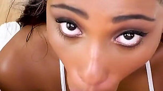 18 years old ebony Blue Skye POV suck white cock and cum swallow
