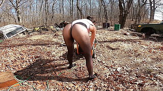 Thong Bodysuit Over Pantyhose - Outdoor Chores