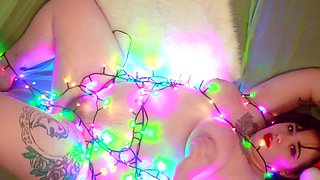 Brunette squeezes her big boobs with perky nipples and moans