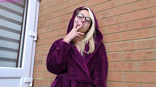 Femdom fetish blonde makes cuckold lick cumshot