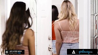 Girlsway - gorgeous teenage besties Emily Willis & Vina Sky want to nail their neighbor cougar! group fuck!