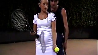 Young Cute Brunette With Dreadlocks Takes Some Lessons Of Tennis With Lusty Coach