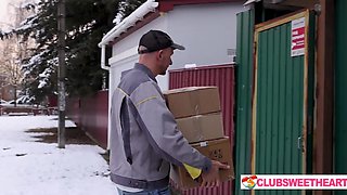 Slutty Brunette Sumiko got fucked by a delivery guy wearing leg warmers