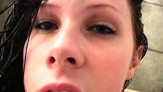 Hot babe with perfect big boobs taking shower