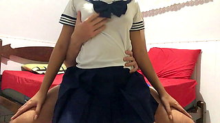 Cute girl wearing Japanese School girl uniform dry humping him till he cum in his underwear grinding doggystyle