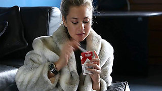 Smoking Fetish with hot blond and a fur coat
