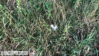 Masturbation in the forest at day with a small abandoned and used gift