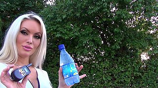 Femdom fetish blonde makes cuckold lick cumshot