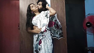 Vaishnavy and Sharun Raj hot saree romance part 2, Neck lick romance with lip lock and boobs press, Mallu couple hot boobs press