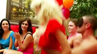 Aggressive CFNM girls swallowing multiple stripper cocks