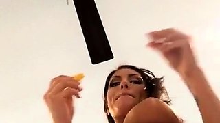 Busty curly brunette with big boobs fucks on couch