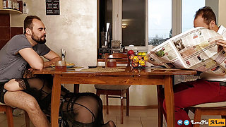 Stepmom sucks my dick under the table while dad reads the newspaper