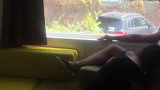 Risky Public Blowjob In Front Of Window - Hot Brunette MILF Wife On Her Knees Outdoor Camping