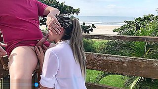Outdoor sex in the bar stool on balcony, beach - anal ending