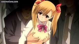 Blonde anime teen doing handjob