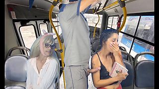 Wild freak hops on the bus and gets busy with nymphs in public!