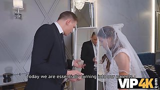 Cheating bride Serina Gomez gets her shaved pussy pounded while guests wait for them