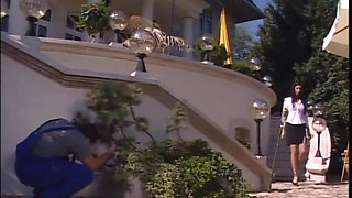 Licking fucking big dick sucking threesome in the garden