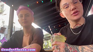 Amateur genderfluid in panties licks GFs muff at home