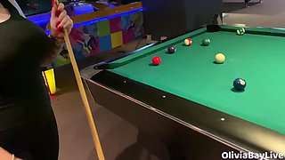 Pool game leads to public toilet! Slutty blowjob!