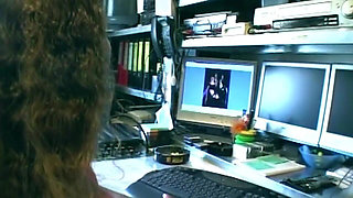 Curly Brunette Rides Hard on Office Chair