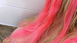 Pink Hair German Step-sister Give POV Blowjob to Boy After Caught in Shower