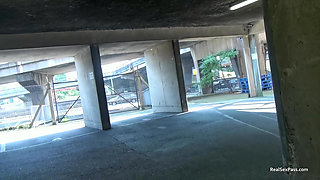 Short and thick brunette outdoor pising and public flashing