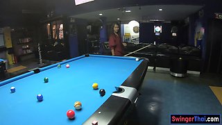 Curvy bottom Thai GF plays pool and blowjobs