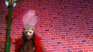 Lovely masked ebony gets a warm load in her mouth