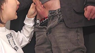 Playful teen swallows a huge hard wood before a pussy fuck